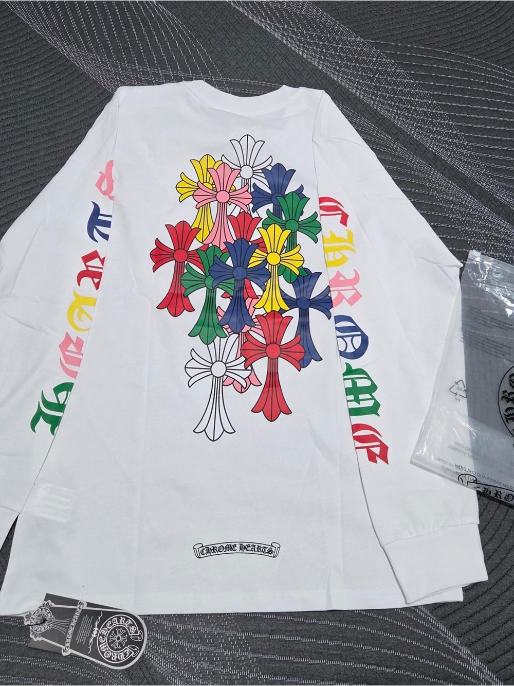Chrome Hearts White Long Sleeve Tee with Multicolor Crosses